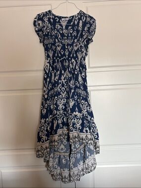 Blue and White Printed High-Low Suzy Shier Midi Dress